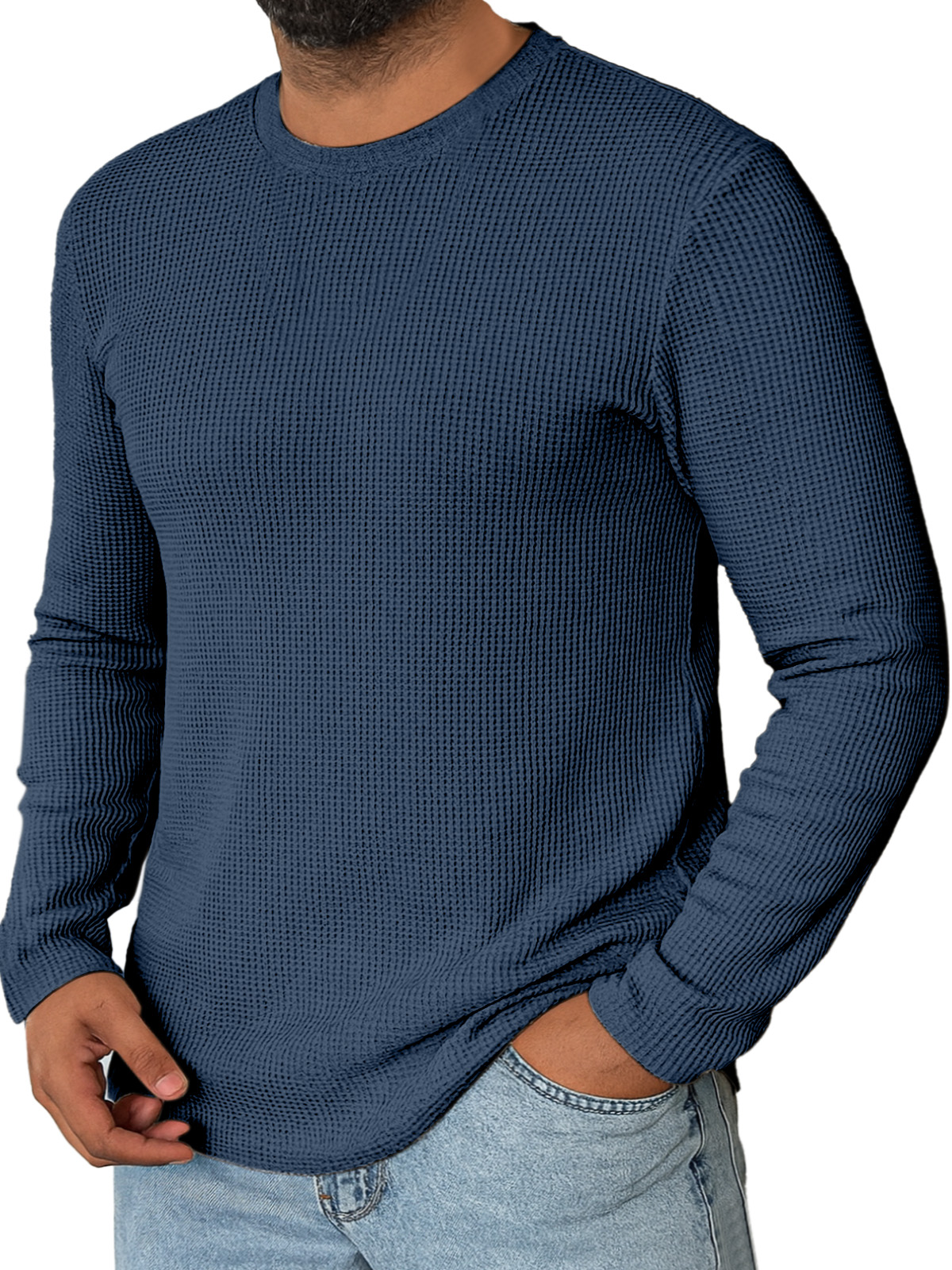 Men's Daily Simple Solid Color Waffle Round Neck Long-sleeved T-shirt
