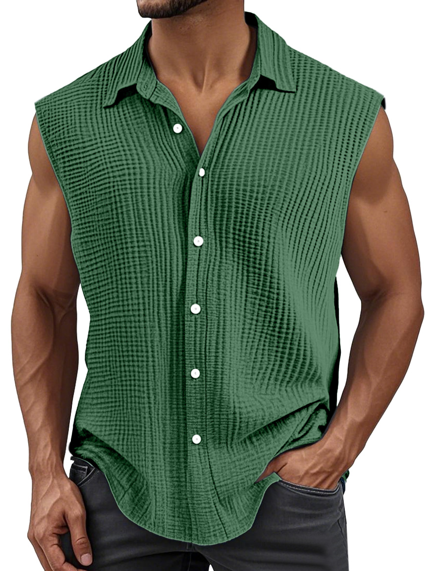 Men's Simple Solid Color Pleated Lapel Sleeveless Shirt