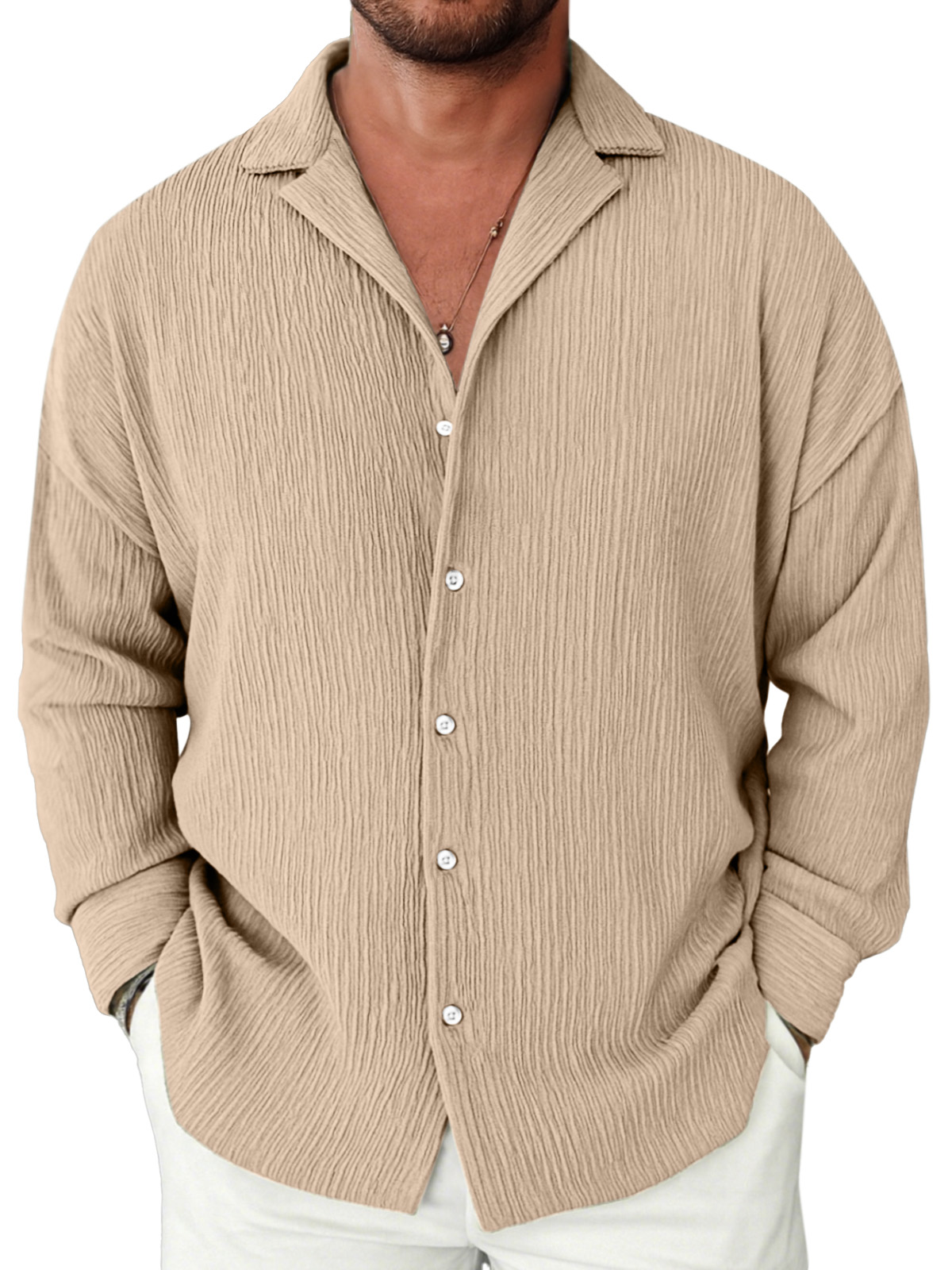 Men's Casual Solid Color Textured Loose Lapel Long-sleeved Shirt