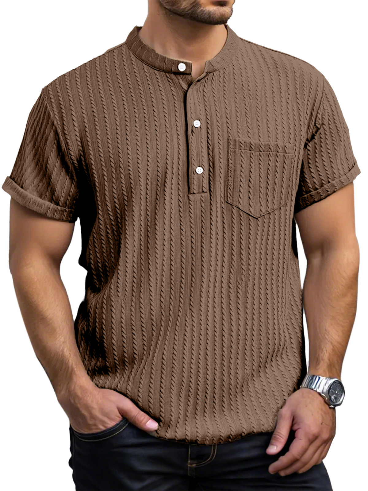 Men's Everyday Casual Short Sleeve Textured Button Henley Shirt