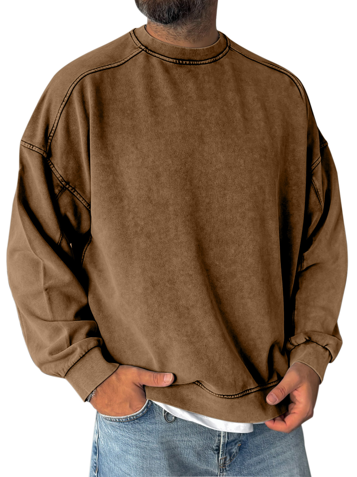 Retro Simple Shoulder Design Stitching Casual Round Neck Sweatshirt