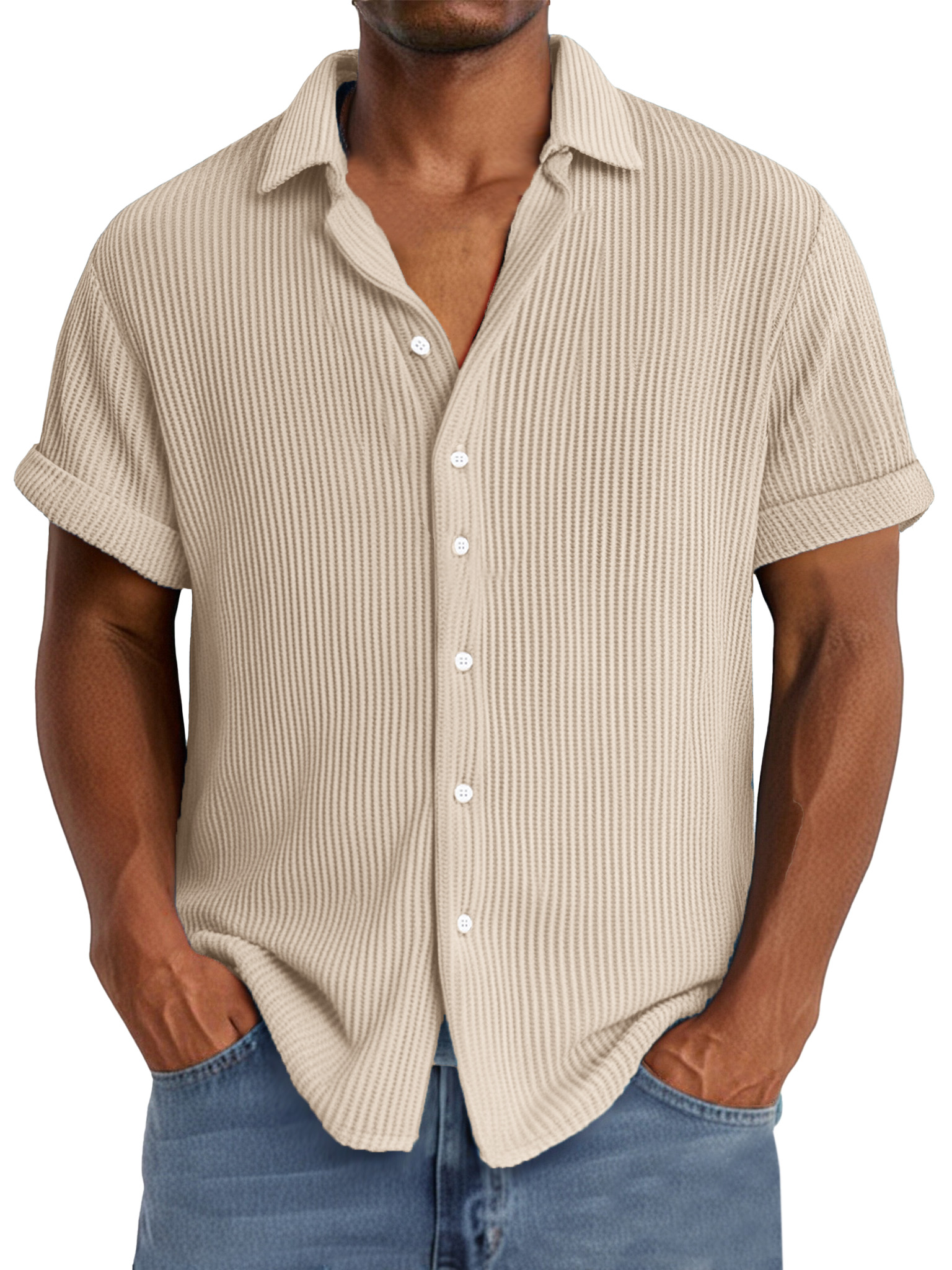 Men's summer casual simple waffle texture short-sleeved shirt