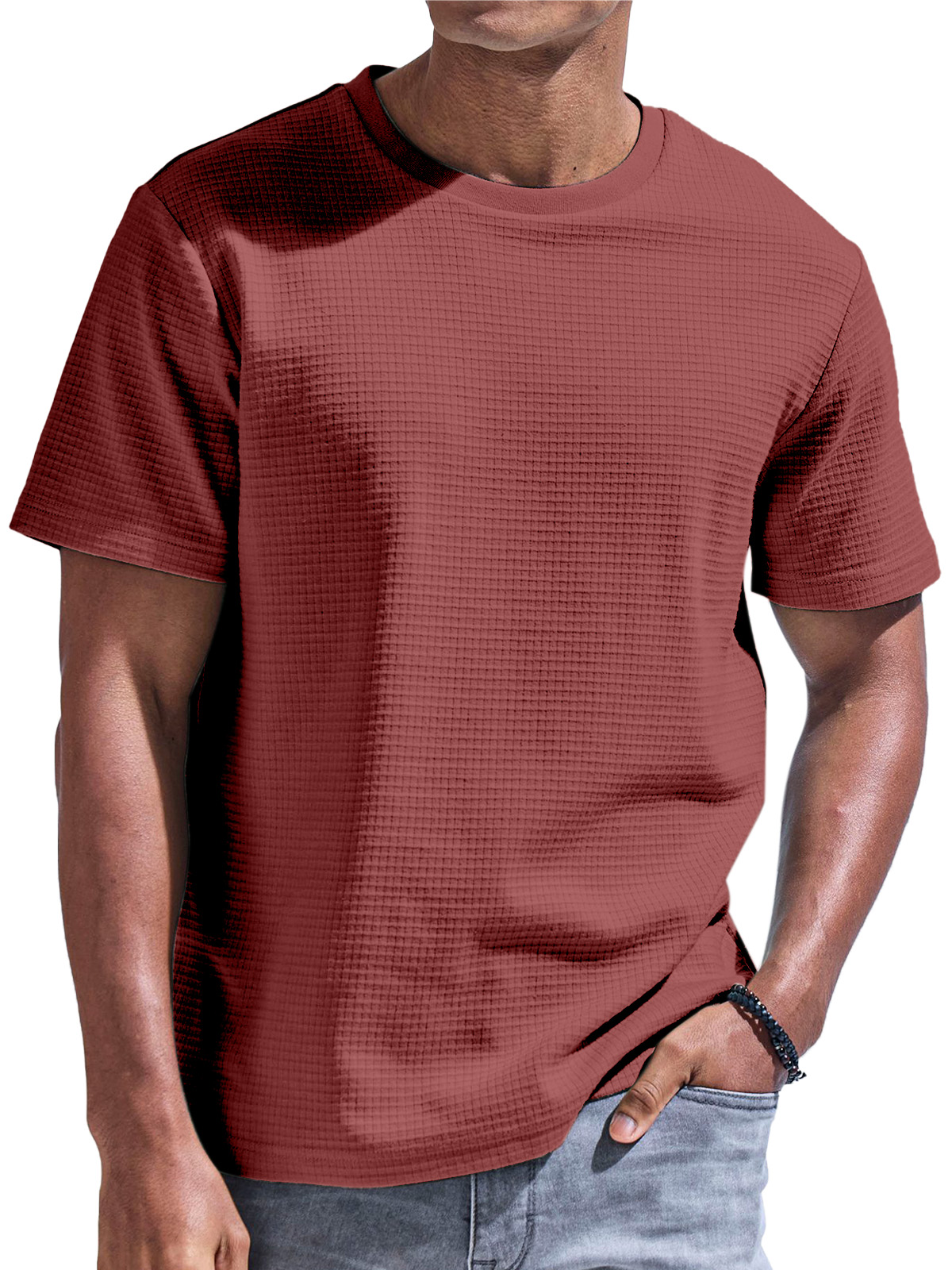 Men's Solid Color Waffle Comfort Short Sleeve T-shirt