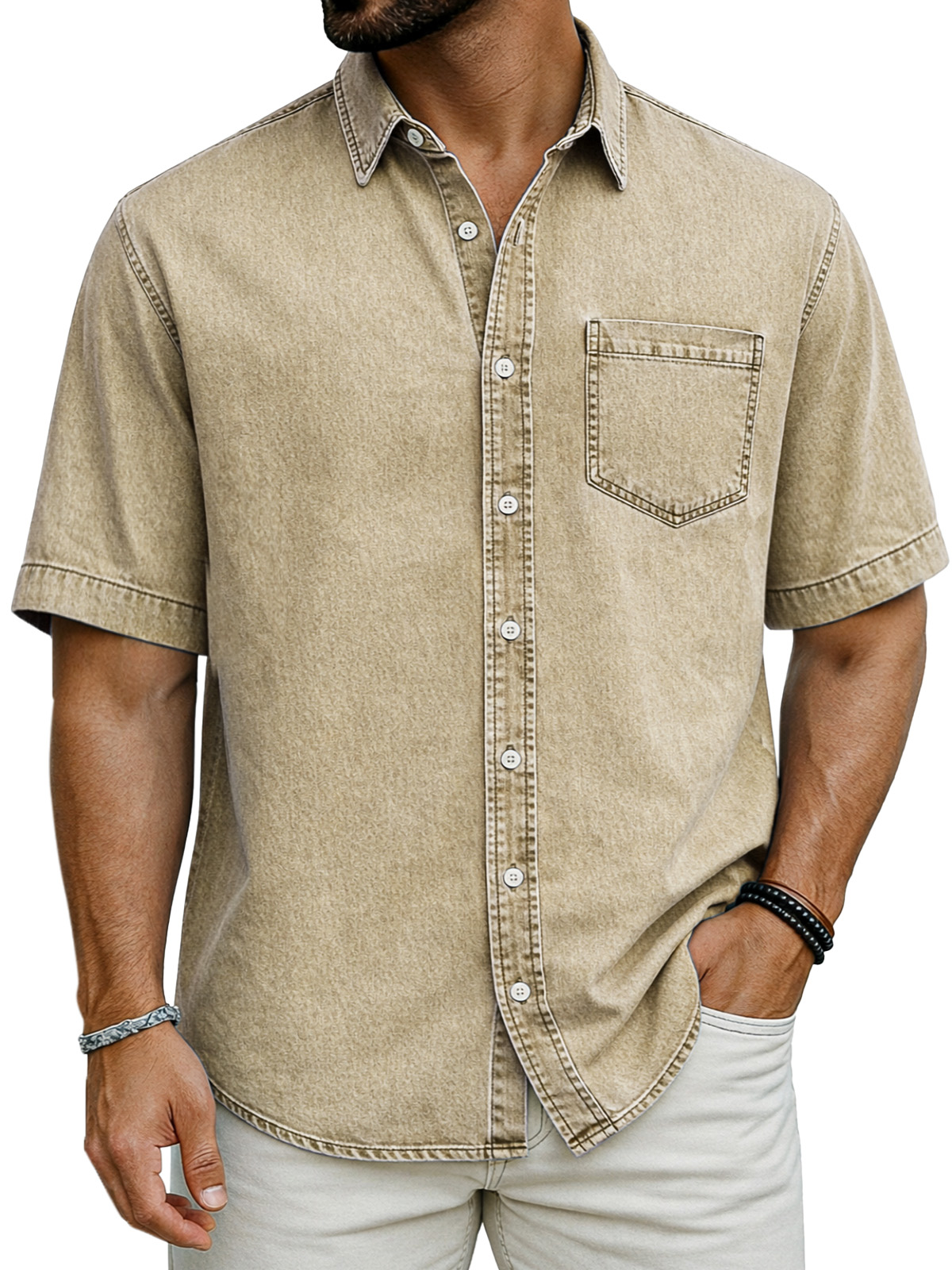 Retro Simple Solid Color Short-Sleeve Shirt with Chest Pocket