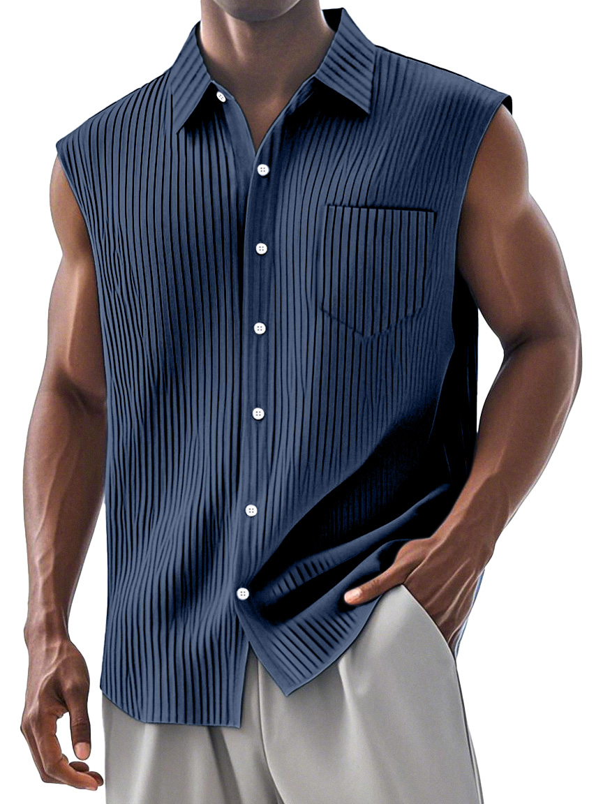 Men's Simple Daily Pit Strip Chest Pocket Lapel Sleeveless Shirt