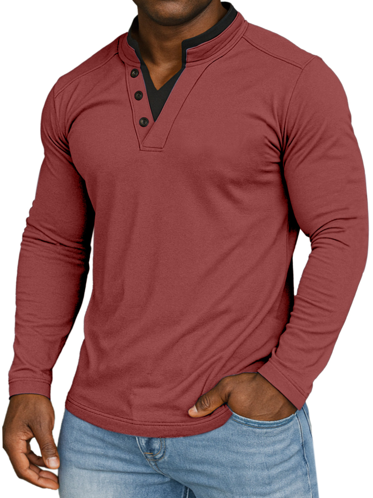 Men's Casual Solid Color Fake Two-piece Collar Comfortable Stand Collar Long Sleeve T-shirt