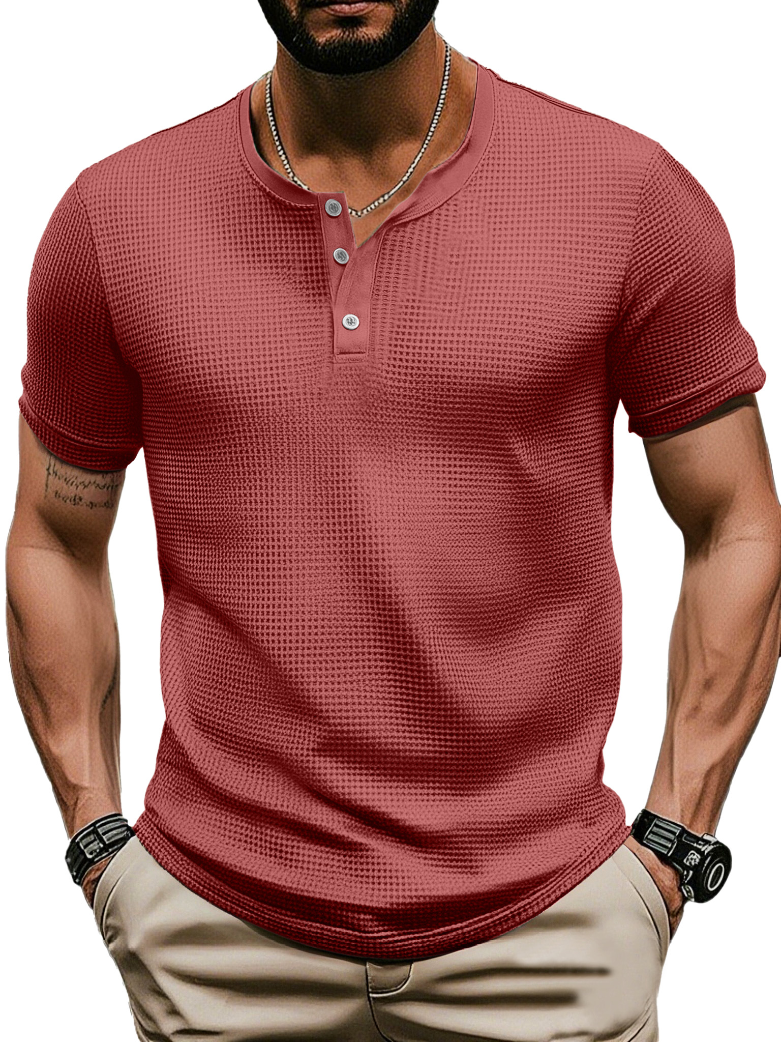 Men's Casual Solid Color Waffle Short Sleeve Three Button Henley Shirt