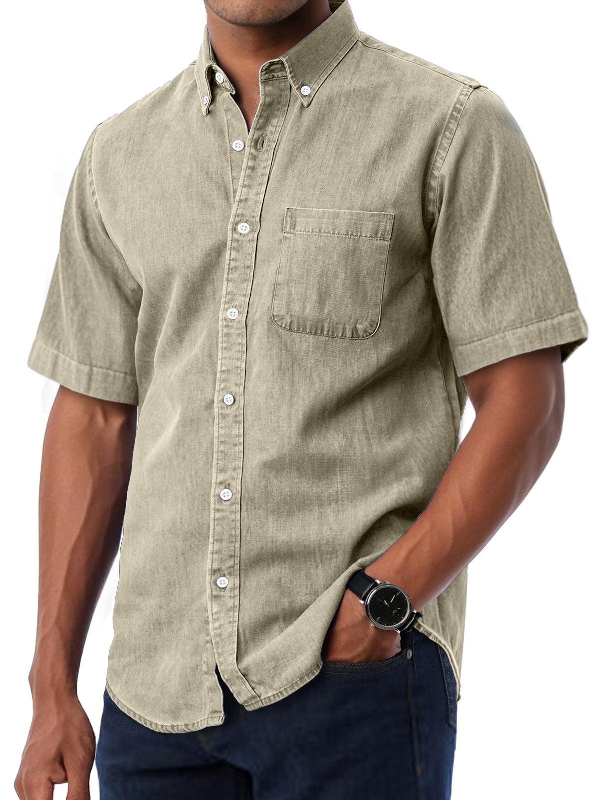 Men's Daily Casual Lapel Pocket Solid Color Comfortable Short Sleeve Shirt
