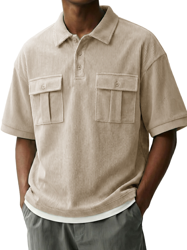 Men's Fashionable Retro Workwear Pocket Short-sleeved Polo Shirt with Lapel