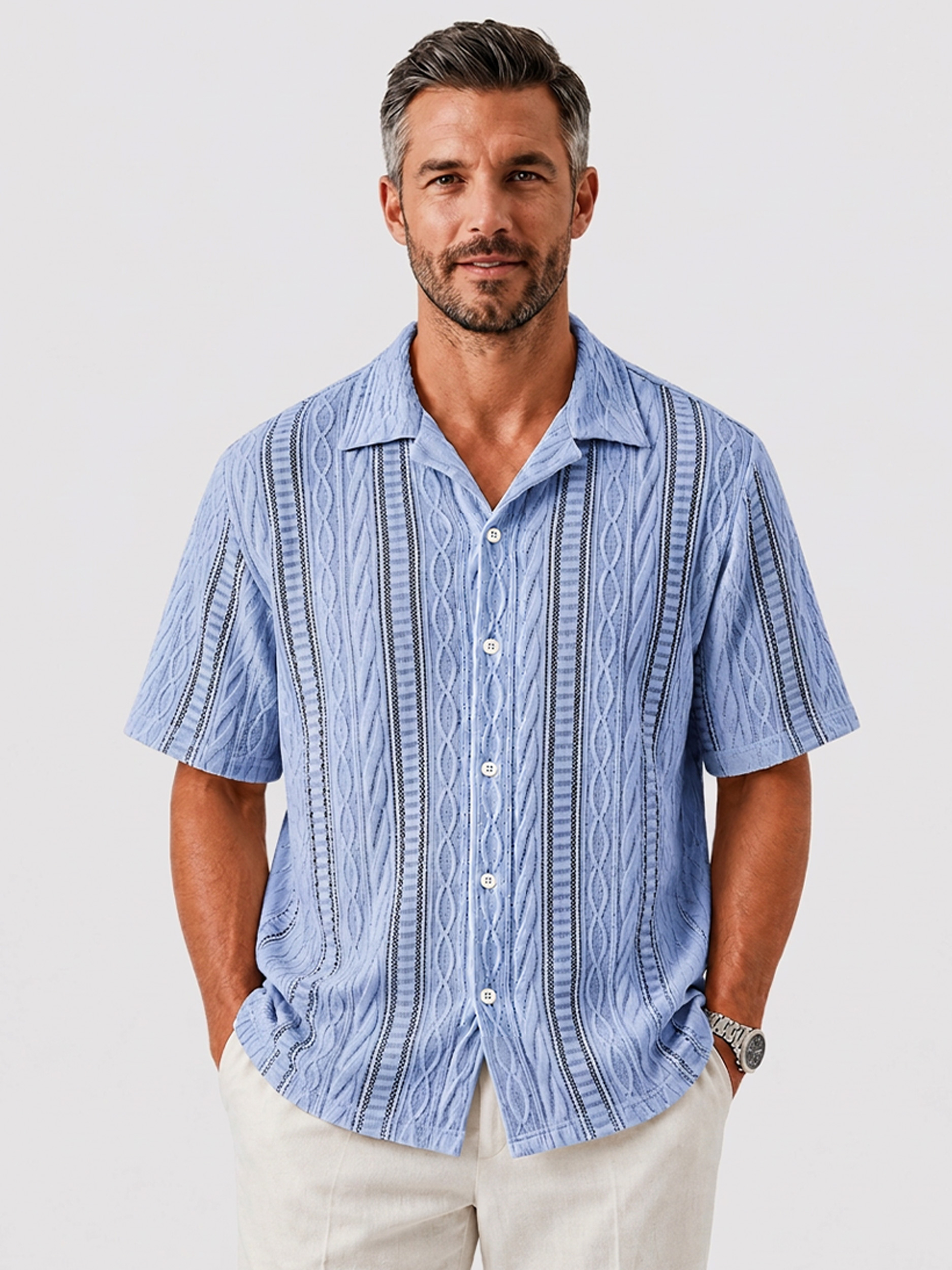 Men's Textured Casual Solid-Color Comfortable Short-Sleeve Shirt