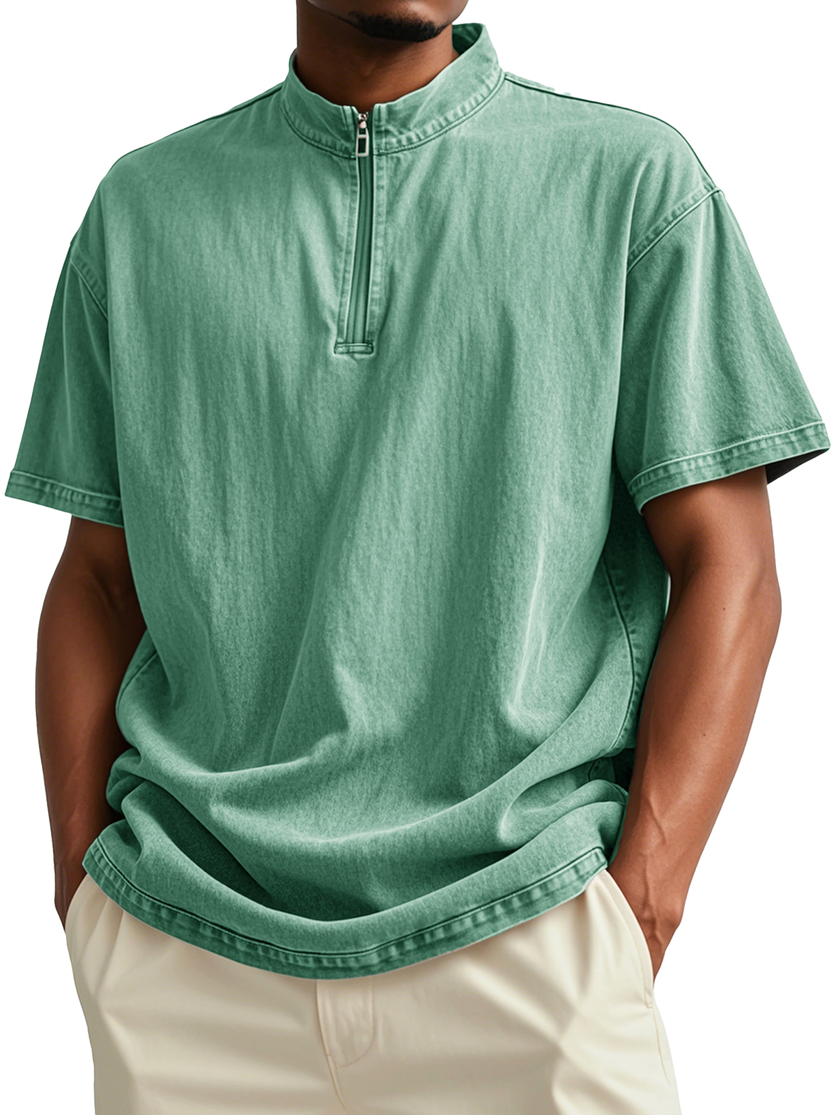 Men's Fashion Retro Distressed Short-sleeved Stand-up Collar Polo Shirt