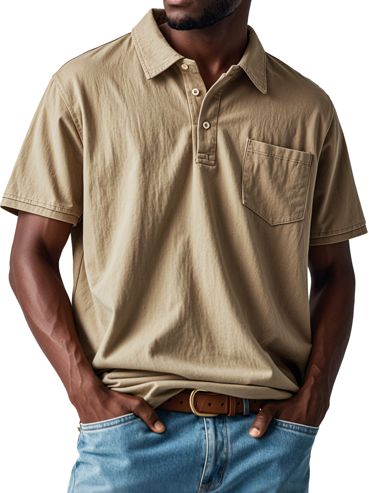 Men's Retro Distressed Pocket Short Sleeve Lapel Polo Shirt