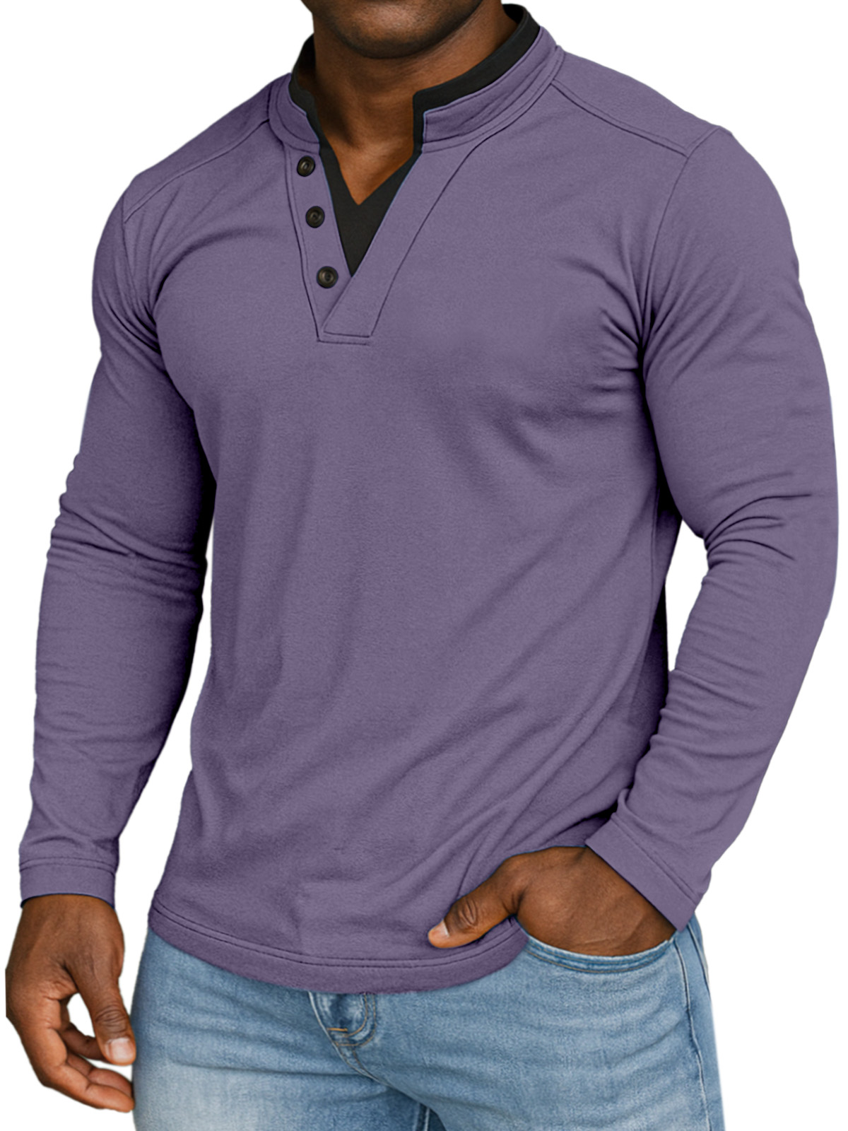 Men's Casual Solid Color Fake Two-piece Collar Comfortable Stand Collar Long Sleeve T-shirt