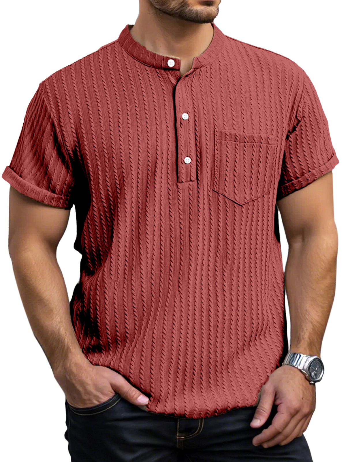 Men's Everyday Casual Short Sleeve Textured Button Henley Shirt