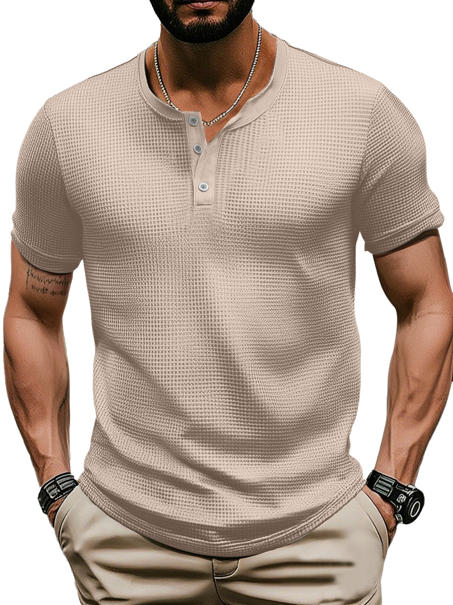 Men's Casual Solid Color Waffle Short Sleeve Three Button Henley Shirt