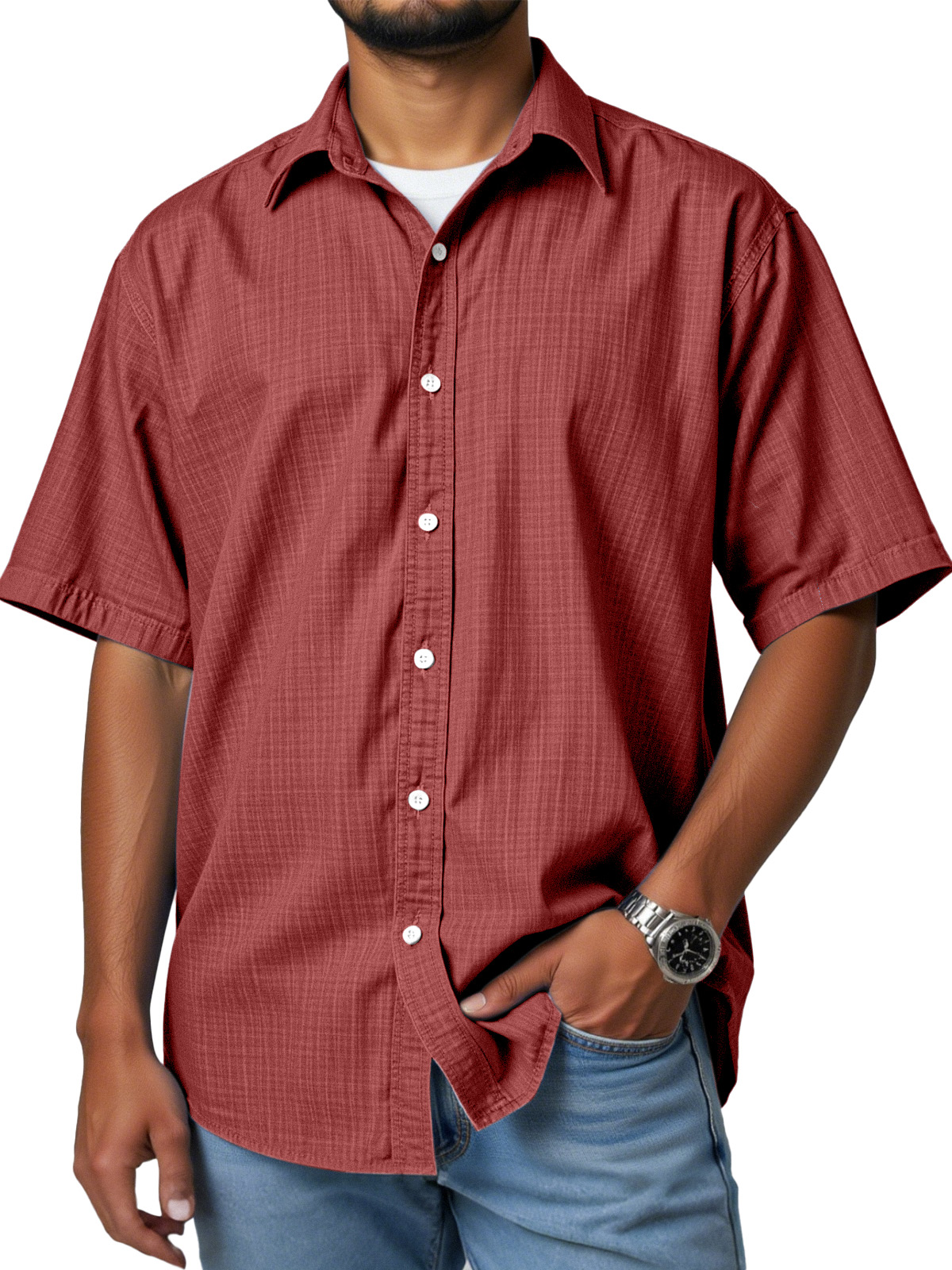 Men's casual and versatile imitation linen short-sleeved lapel shirt