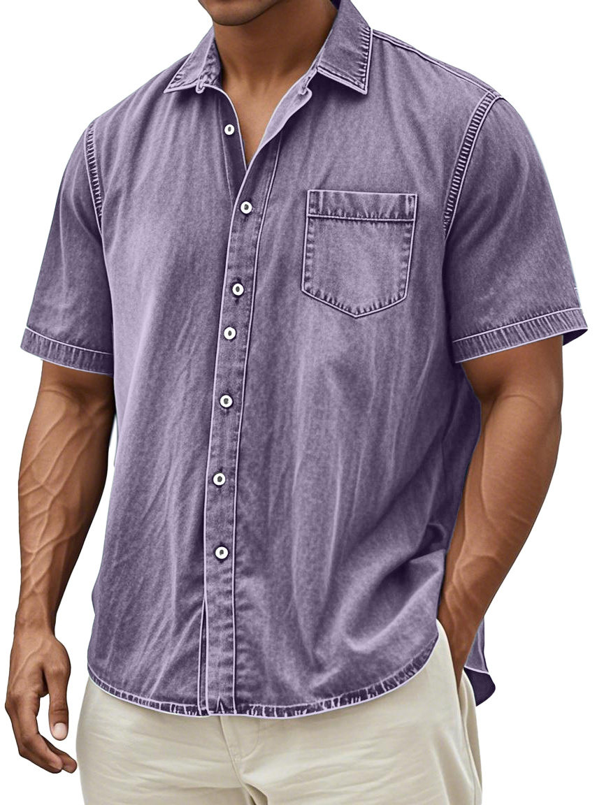 Men's Retro Solid Color Simple Everyday Short Sleeve Button Lapel Shirt