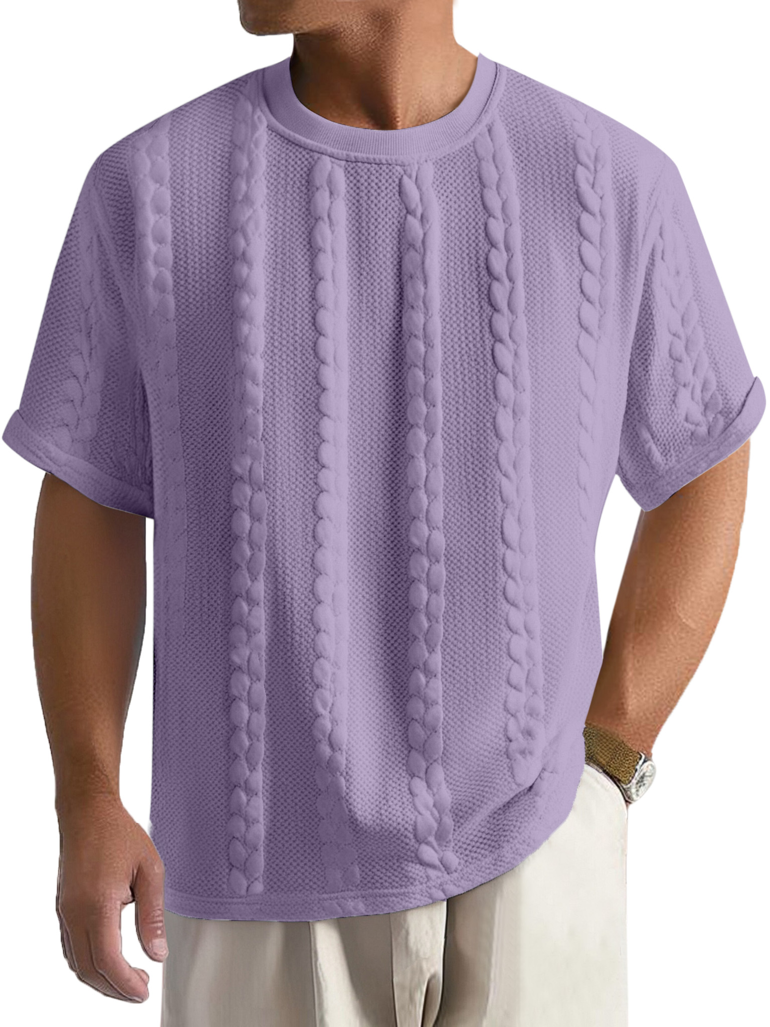 Men's Casual Solid Color Texture Loose Round Neck Short-sleeved T-shirt