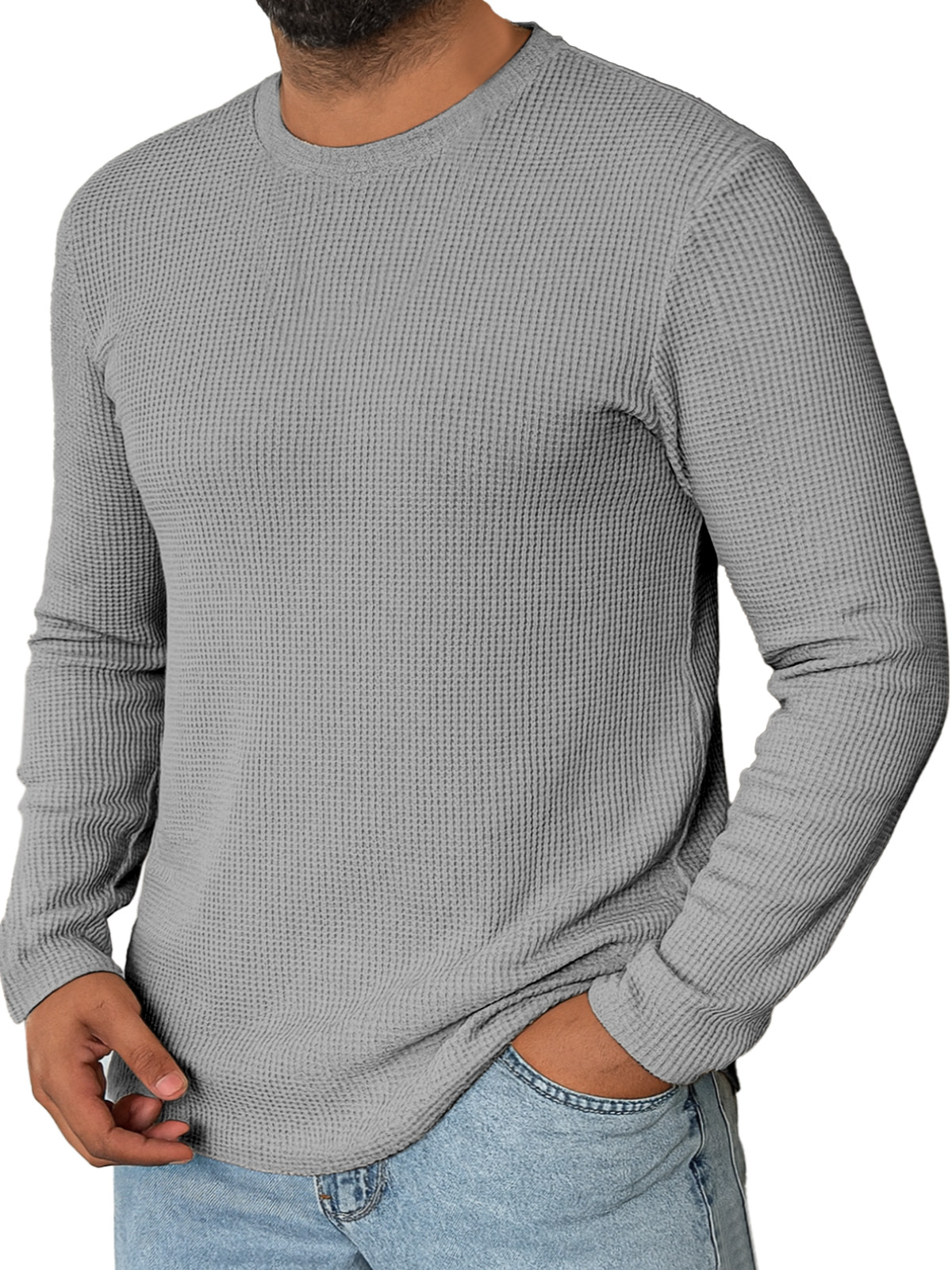 Men's Daily Simple Solid Color Waffle Round Neck Long-sleeved T-shirt