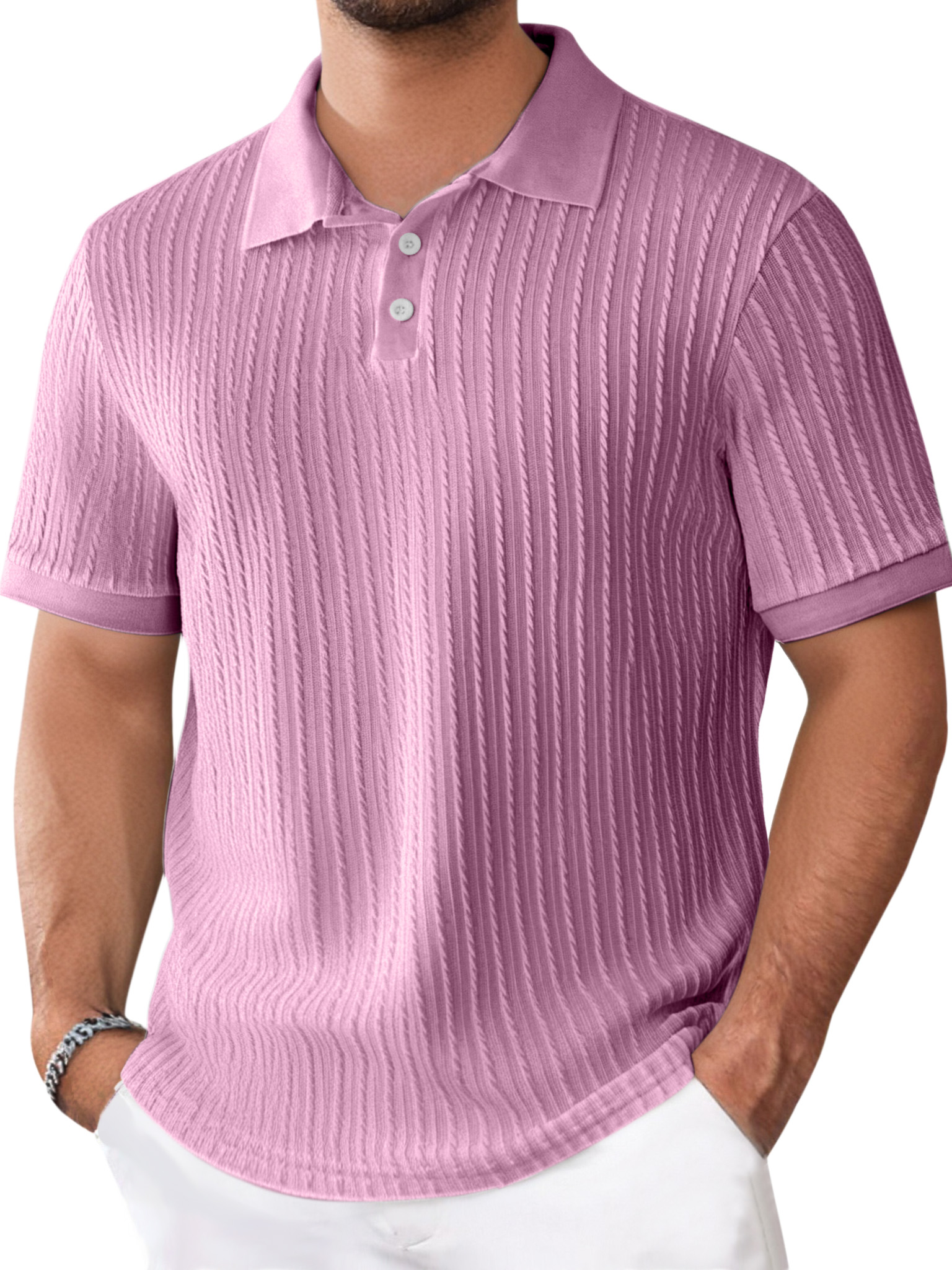 Men's Daily Solid Color Texture Short-sleeved Button-down Polo Shirt