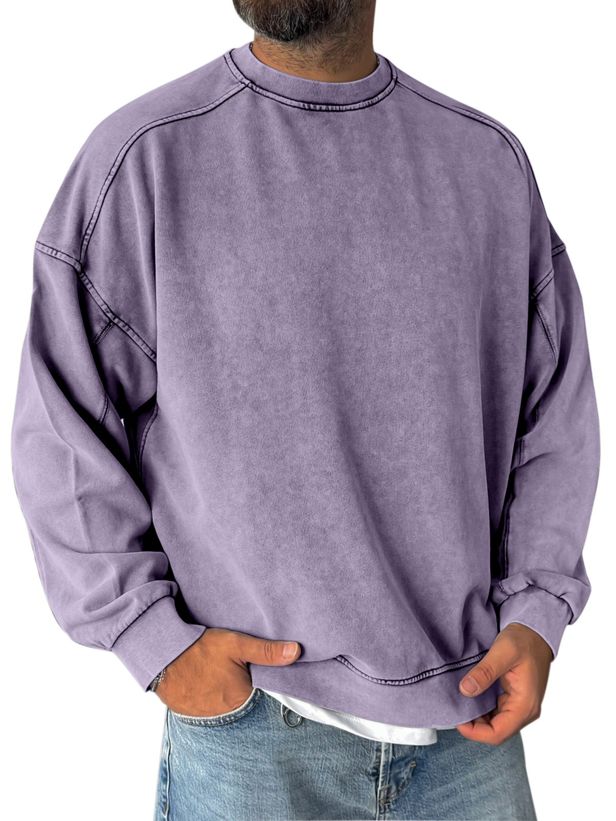 Retro Simple Shoulder Design Stitching Casual Round Neck Sweatshirt