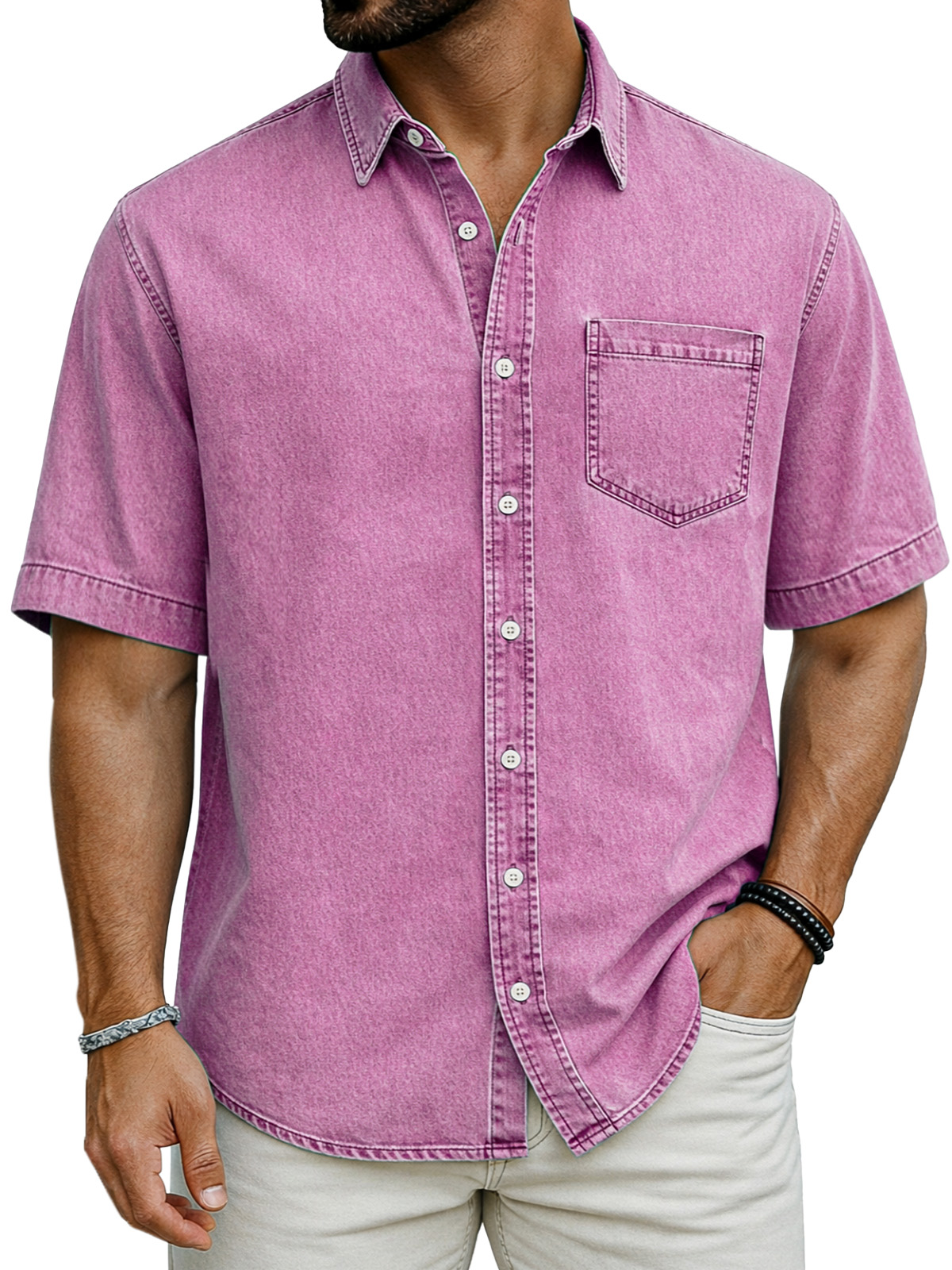 Retro Simple Solid Color Short-Sleeve Shirt with Chest Pocket