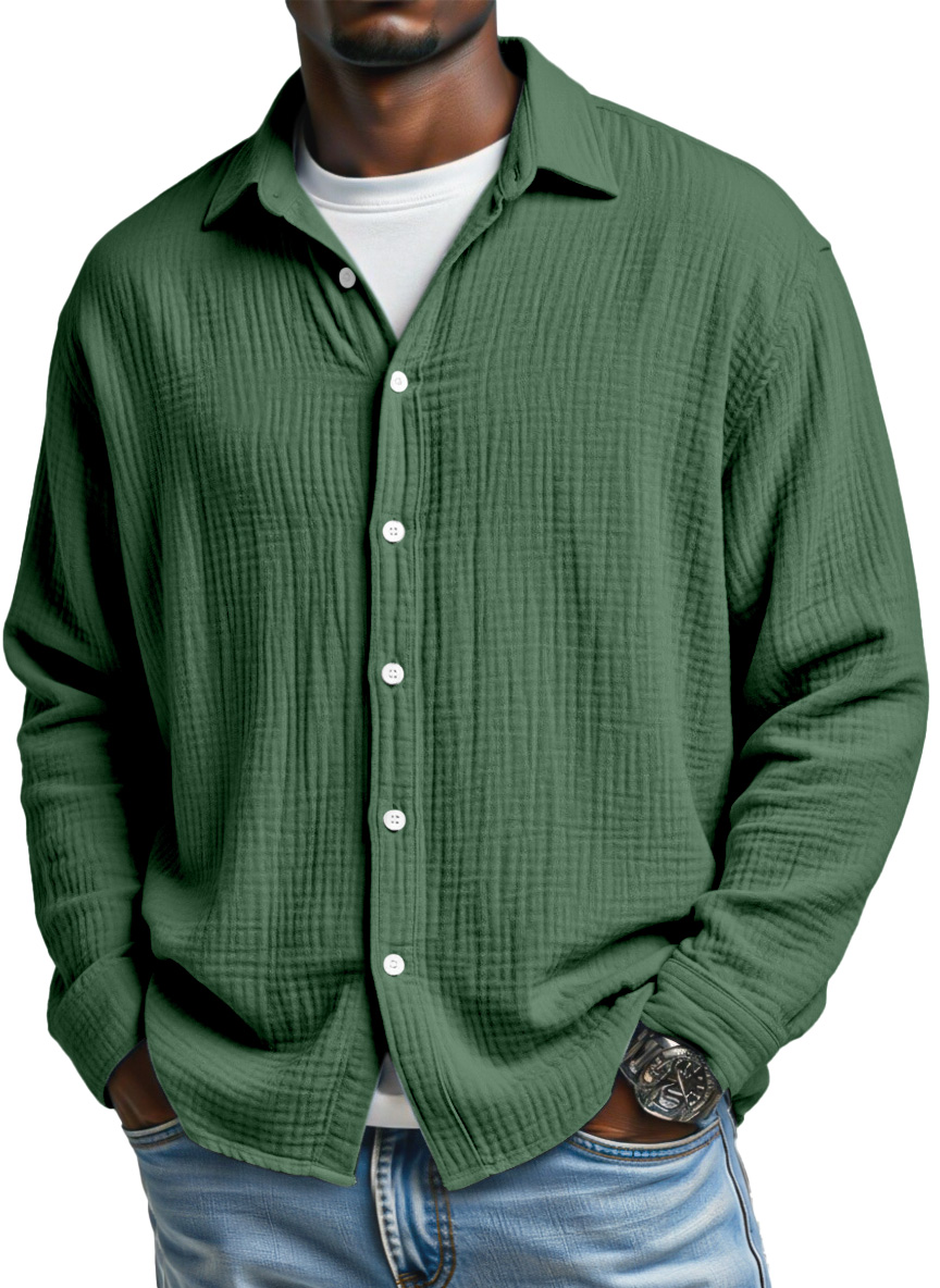 Men's Simple Breathable Pleated Cotton Long Sleeve Button Down Shirt