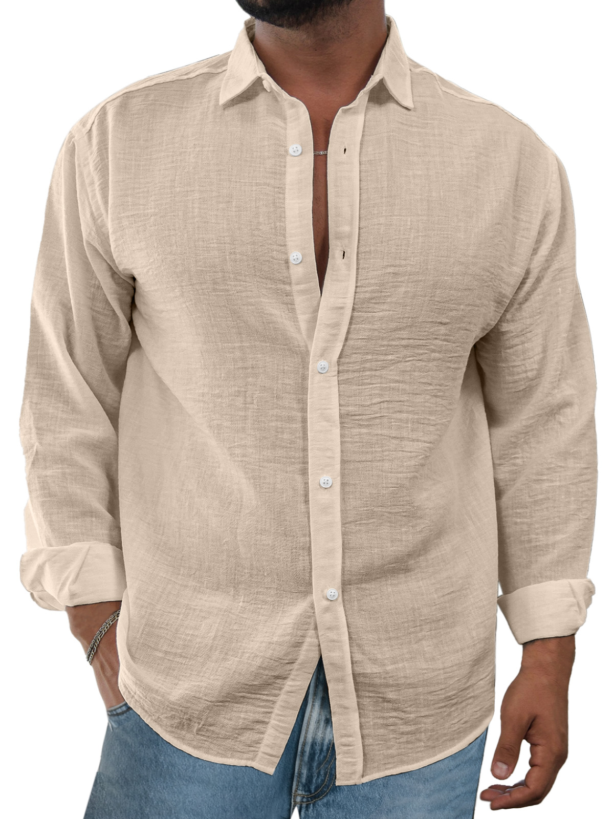 Men's Simple And Comfortable Solid Color Imitation Linen Lapel Long-sleeved Shirt