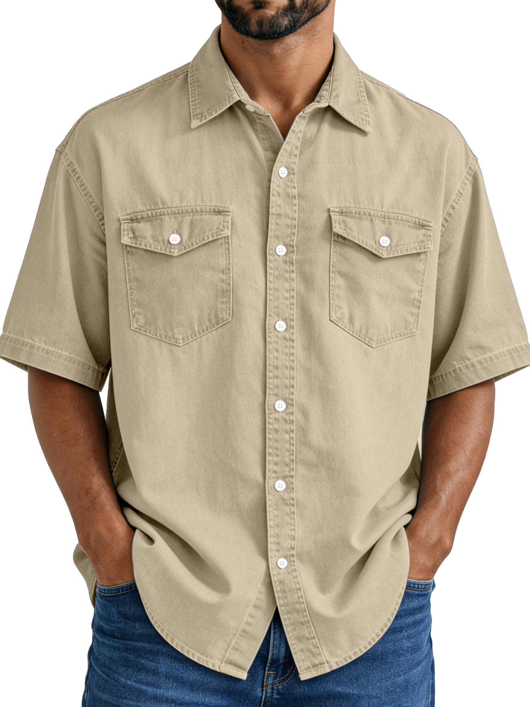 Men's Simple Vintage Double-pocket Lapel Button-down Short-sleeved Shirt