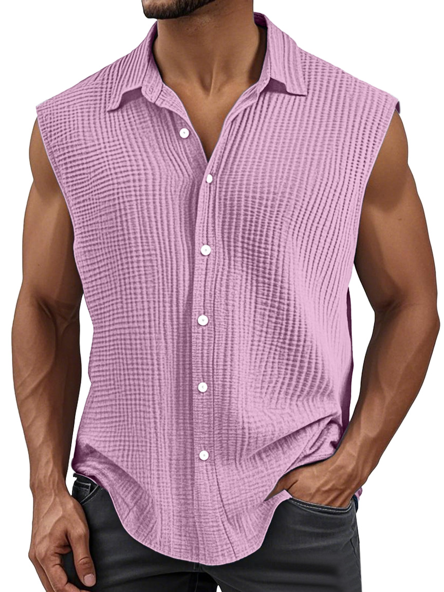 Men's Simple Solid Color Pleated Lapel Sleeveless Shirt