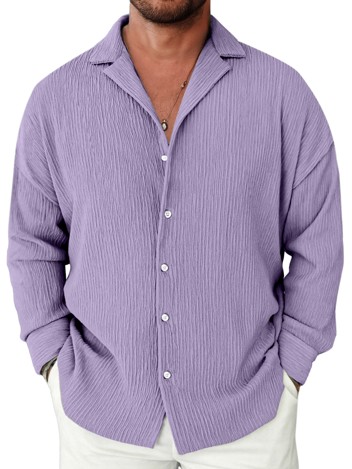 Men's Casual Solid Color Textured Loose Lapel Long-sleeved Shirt