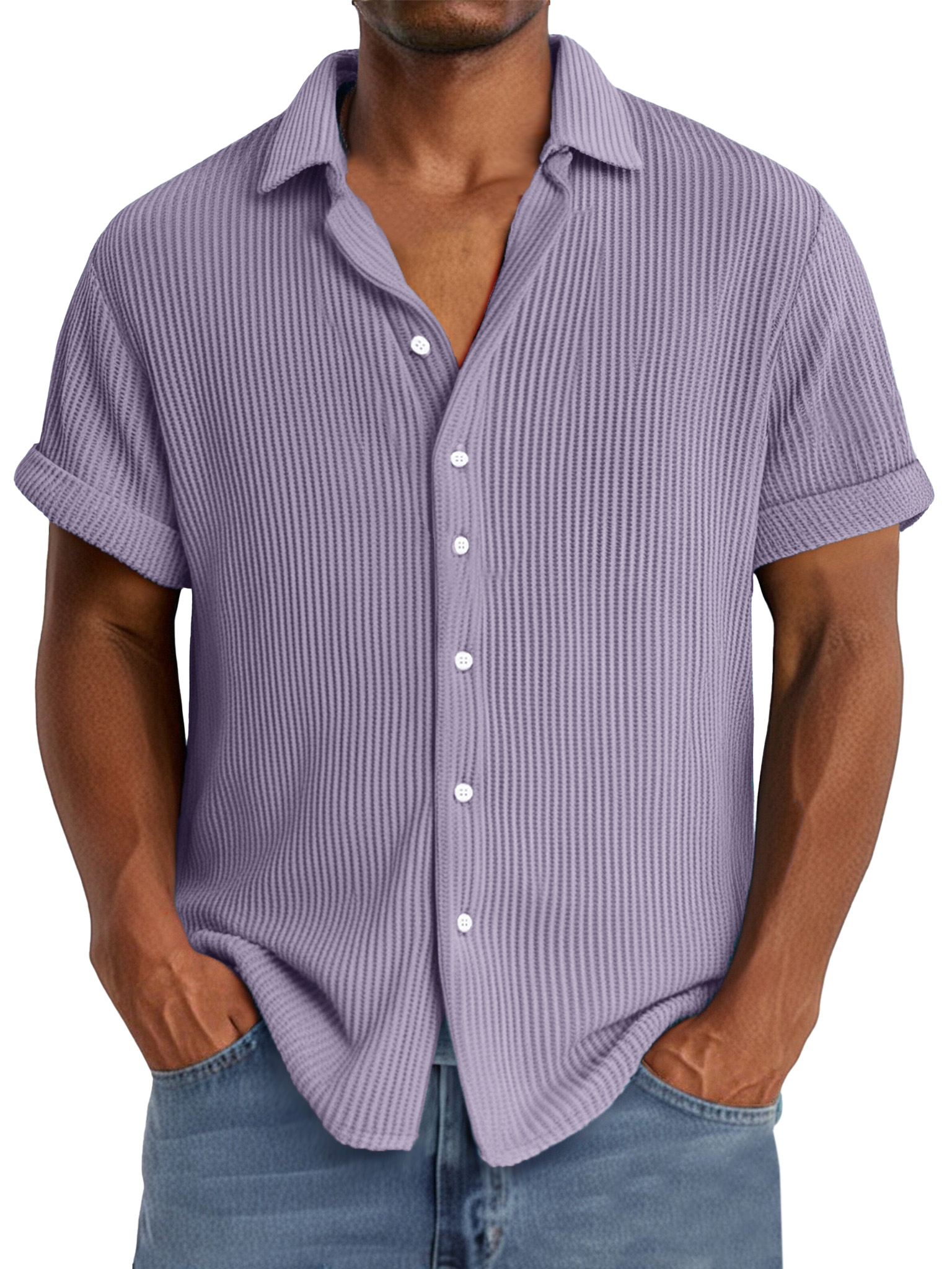 Men's summer casual simple waffle texture short-sleeved shirt