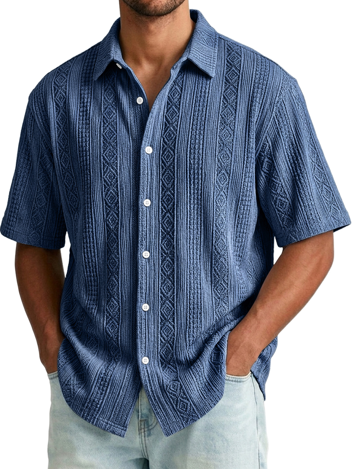 Men's Jacquard Textured Casual And Comfortable Short-sleeved Shirt