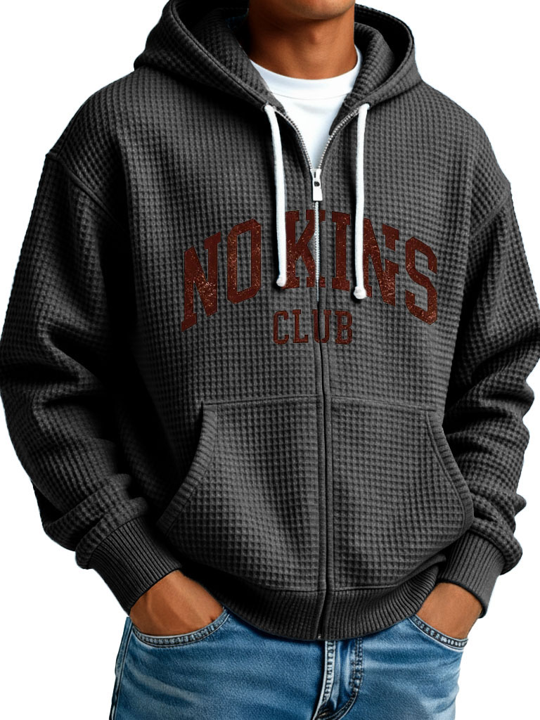 "no Kings" Letter-printed Waffle Fabric Pockets Long-sleeved Hoodie