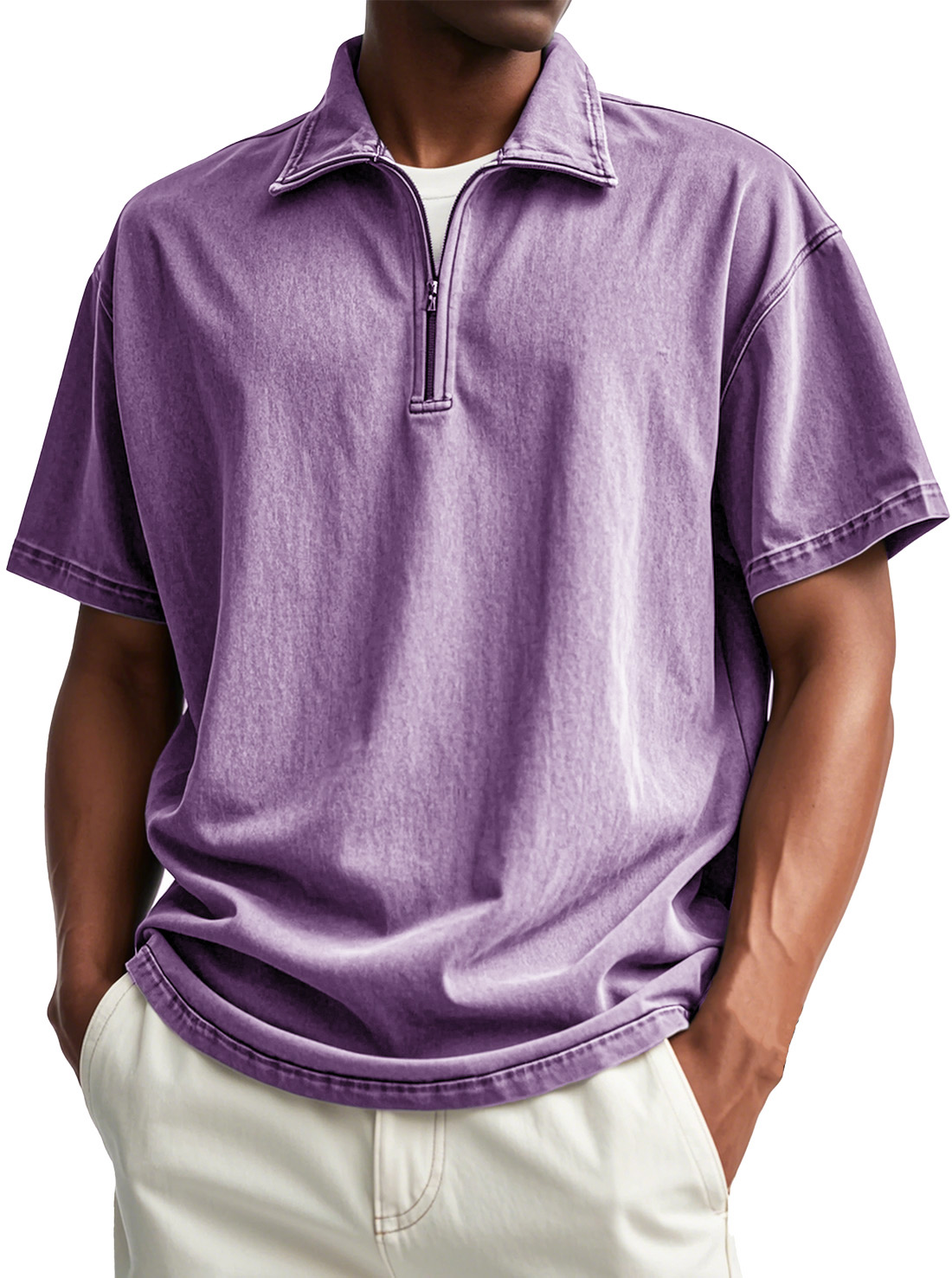Men's Fashion Retro Distressed Short Sleeve Stand Collar Zip Polo Shirt