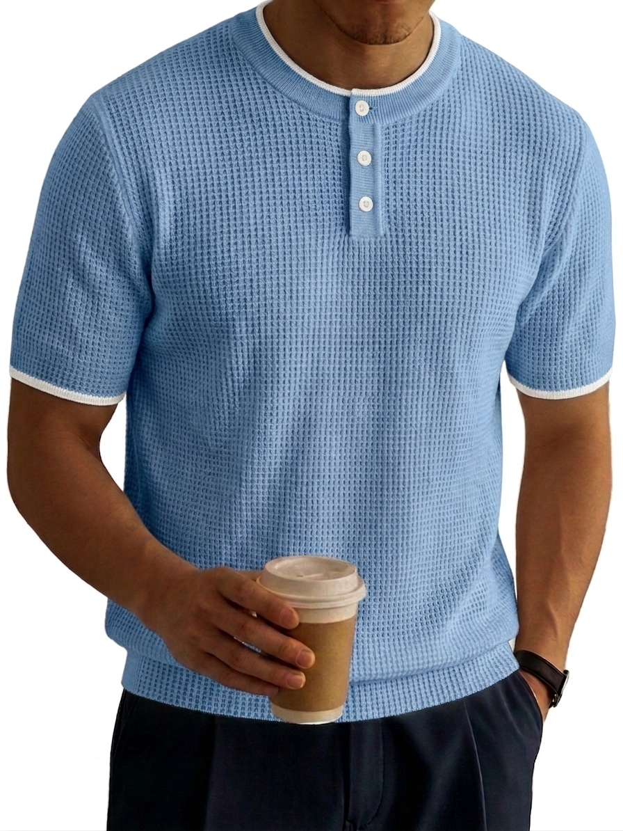 Color-Block Waffle-Knit Basic Casual Henley Shirt
