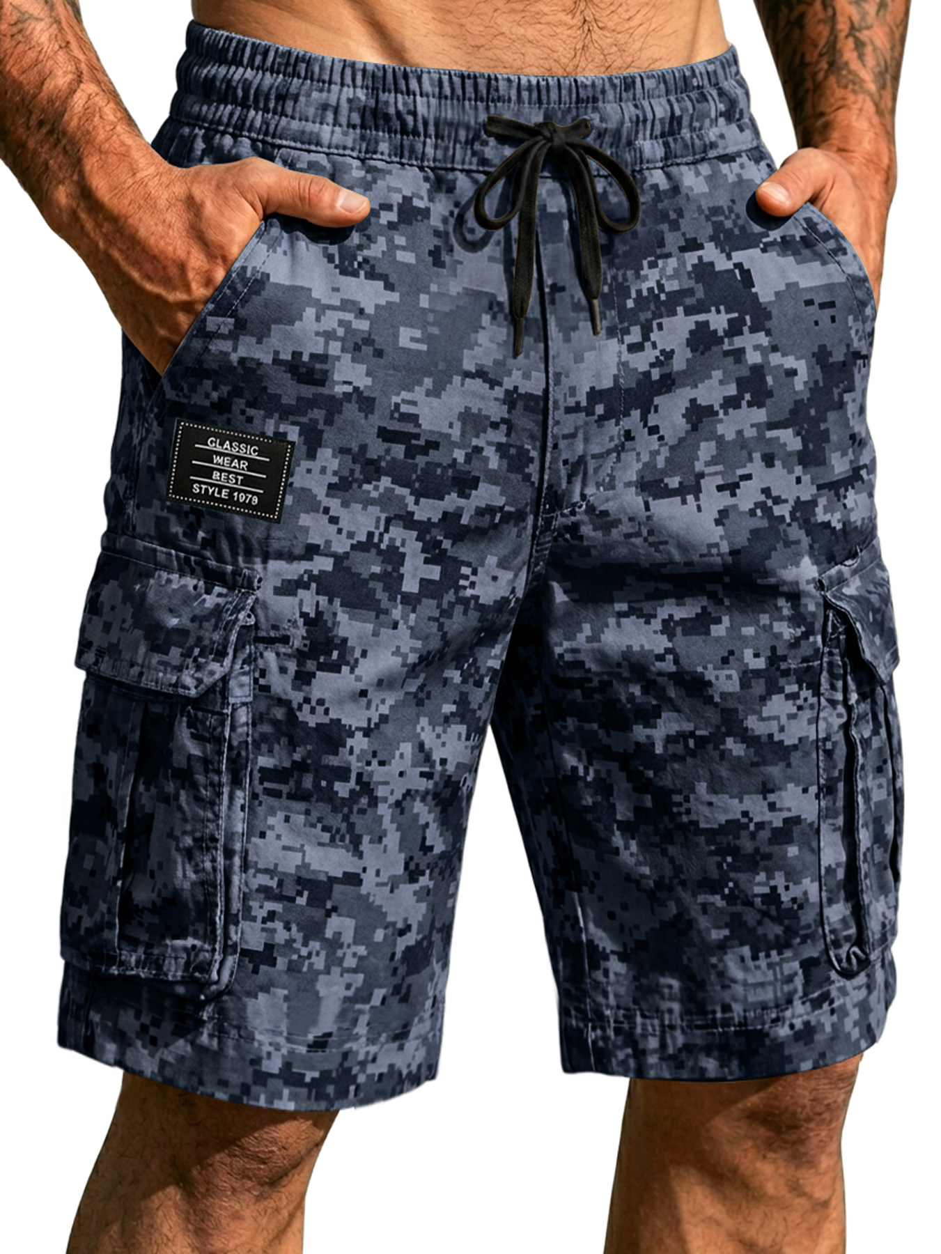 Men's Pixel Camouflage Multi-pocket Embroidered Logo Casual Work Shorts