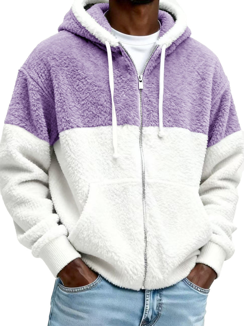 Men's Stylish Casual Patchwork Plush Warm Long-sleeved Hooded Jacket