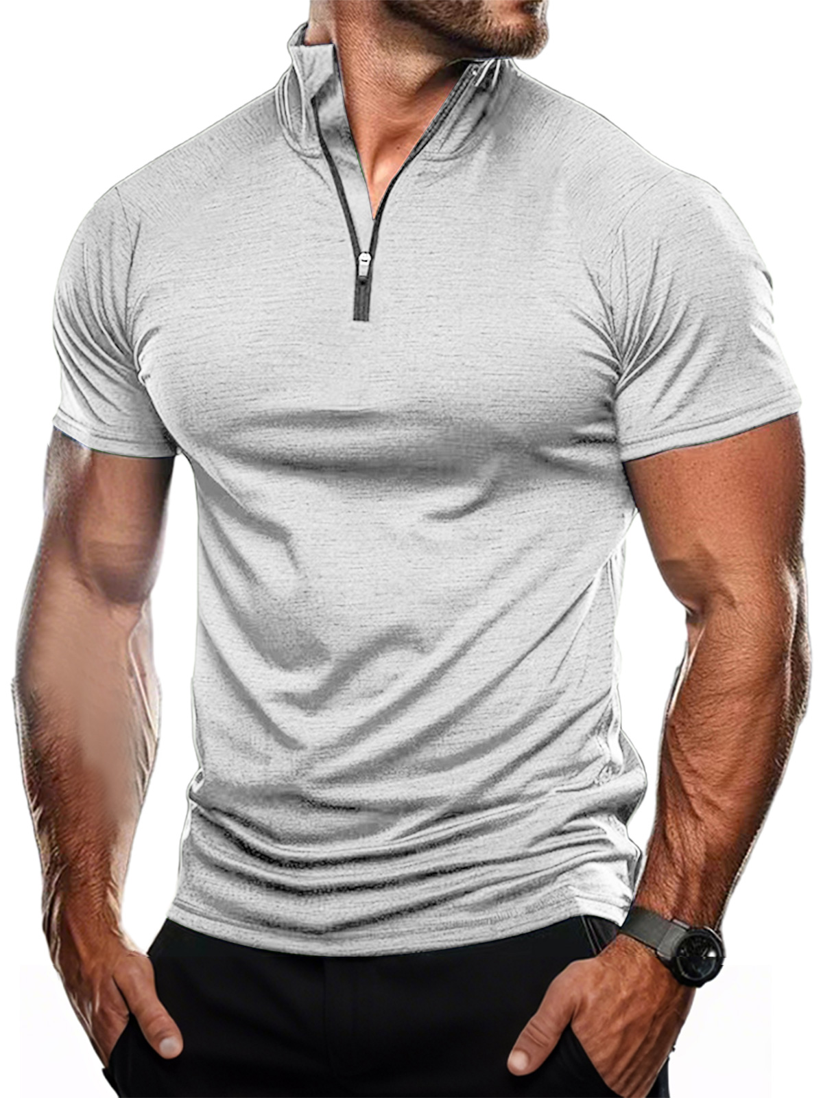 Men's Casual Stand Collar Zipper Quick-drying Solid Color Short-sleeved T-shirt