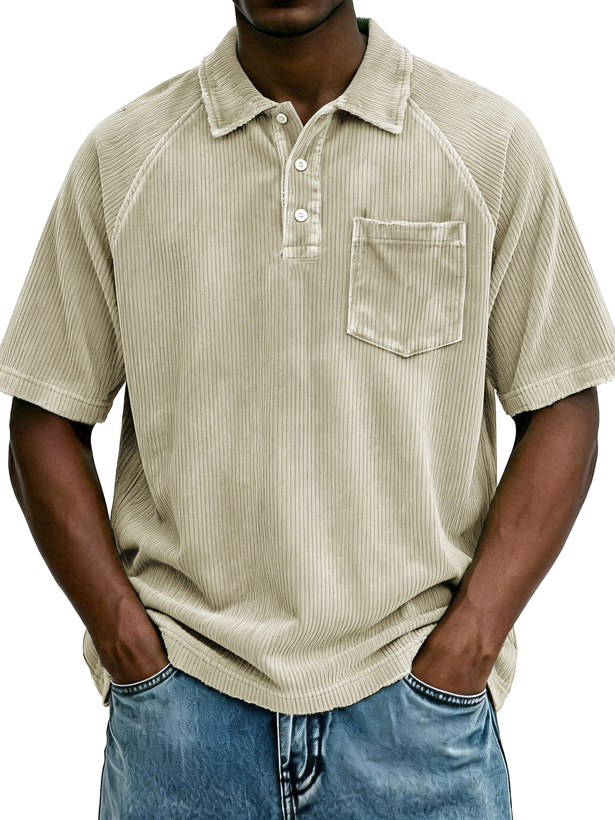 Men's Retro Raglan Pocket Zipper Loose Short-Sleeve Polo Shirt