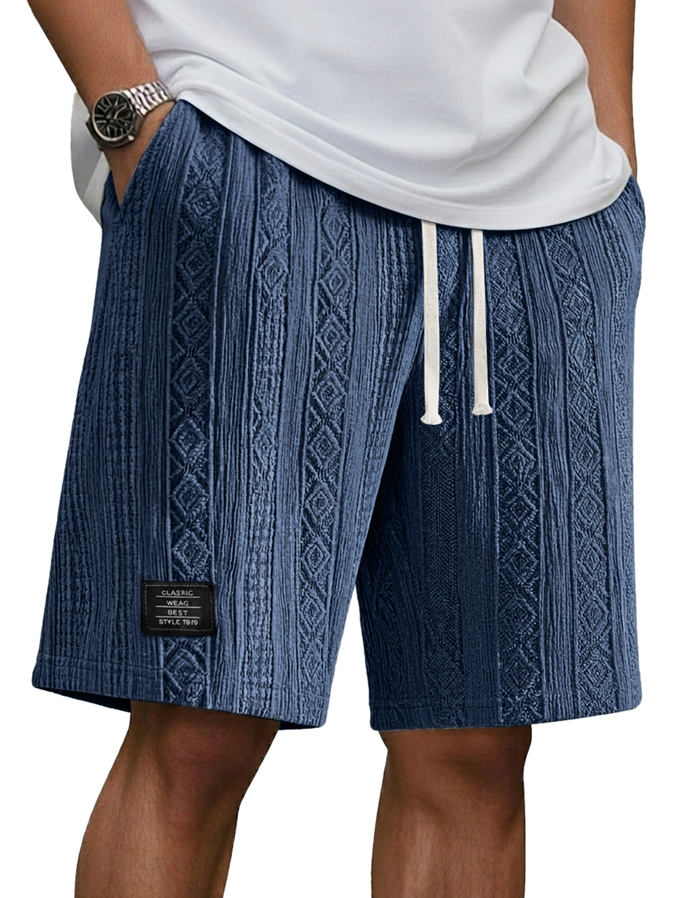 Men's Jacquard Casual Embroidered Logo Elastic Waist Solid Color Shorts