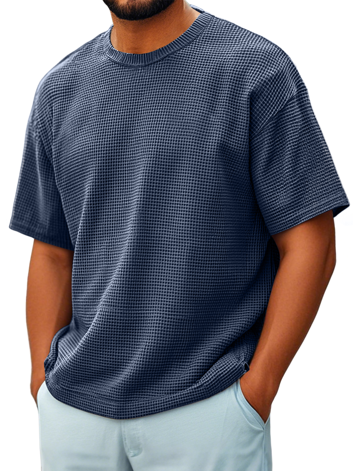 Men's Round Neck Waffle Casual Short-sleeved T-shirt