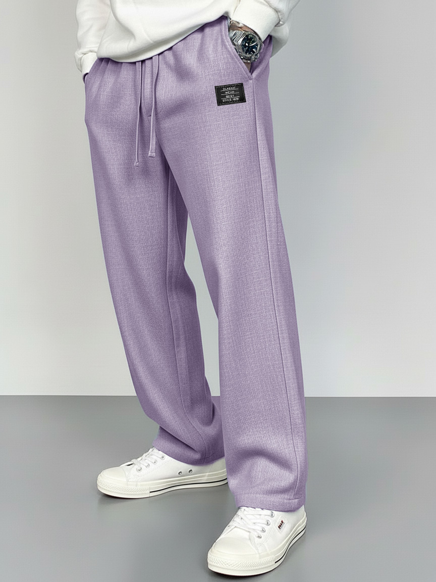 Men's Fashionable Linen Fabric Embroidered Logo Pocket Loose-Fitting Trousers
