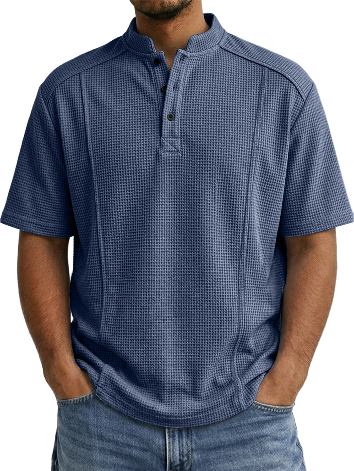 Men's Waffle-knit Deconstructed Stand-up Collar Button-down Casual Short-sleeved Henley Shirt