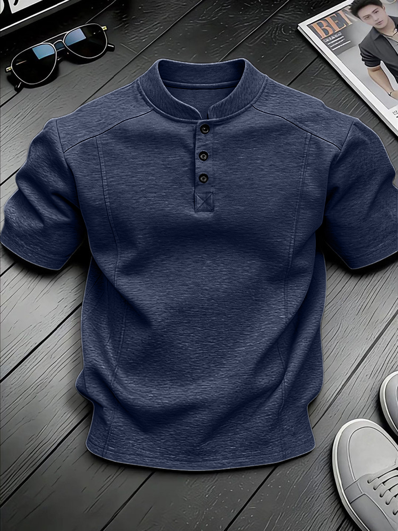 Men's Stand-up Collar Button-down Design Casual Short-sleeved Henley Shirt
