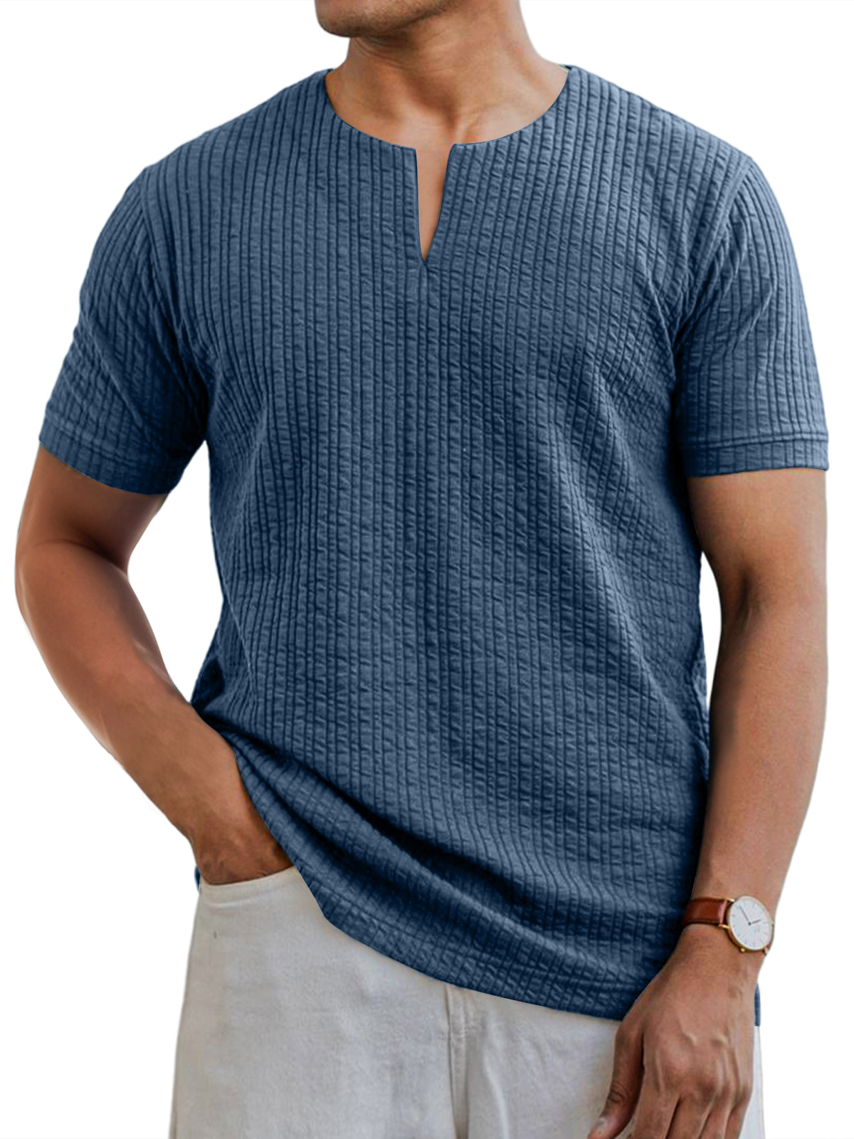 Men's Daily V-neck Pit Strip Casual Solid Color Short-sleeved T-shirt