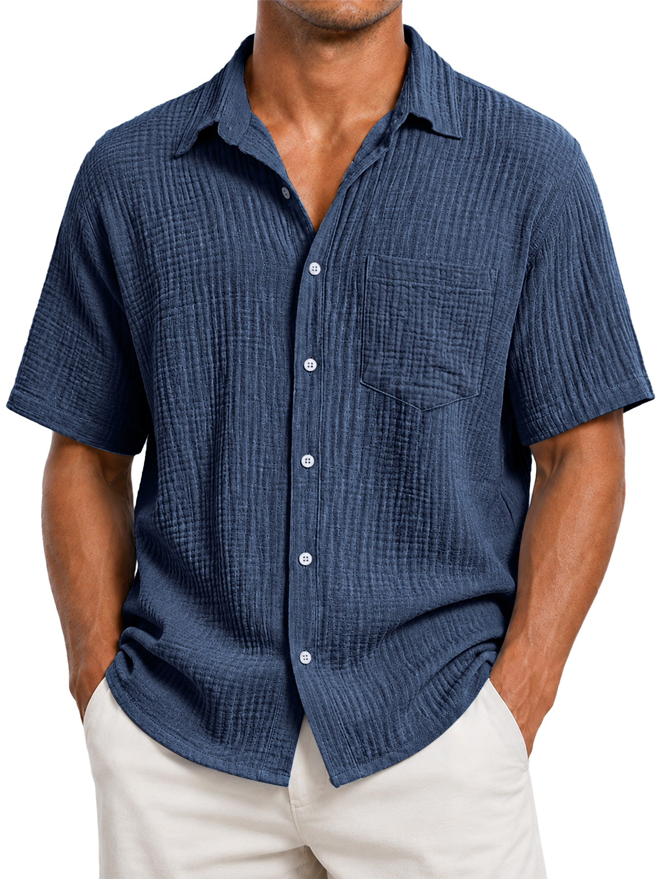 Men's Casual Solid-Color Short-Sleeve Shirt with Textured Pleats and Pocket