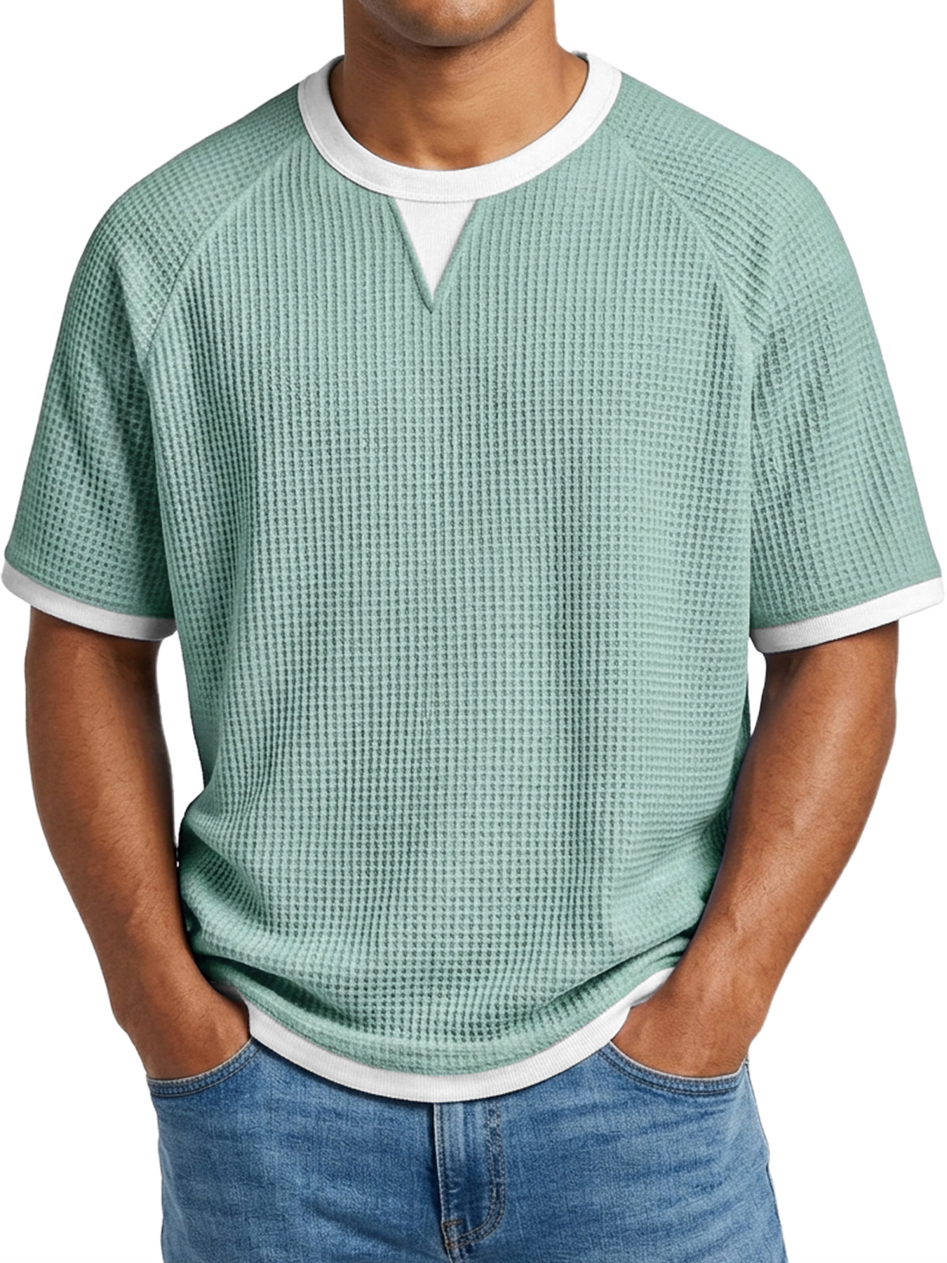 Men's Waffle Casual Color Block Comfortable Crew Neck Short Sleeve T-shirt