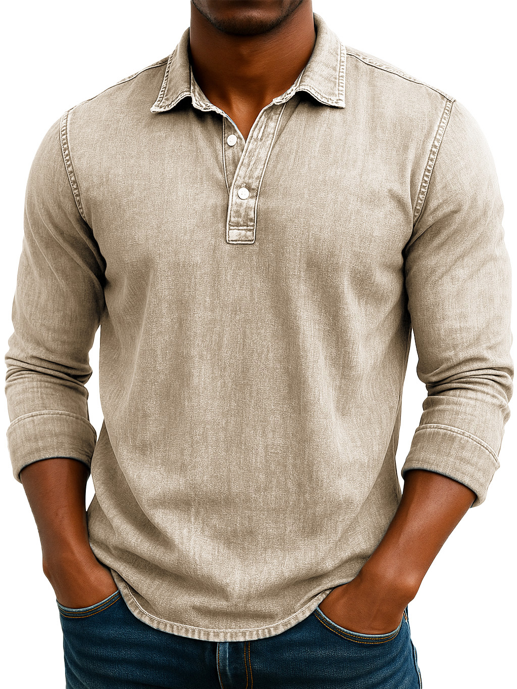 Men's Stylish Retro Washed And Distressed Lapel Long-sleeved Polo Shirt