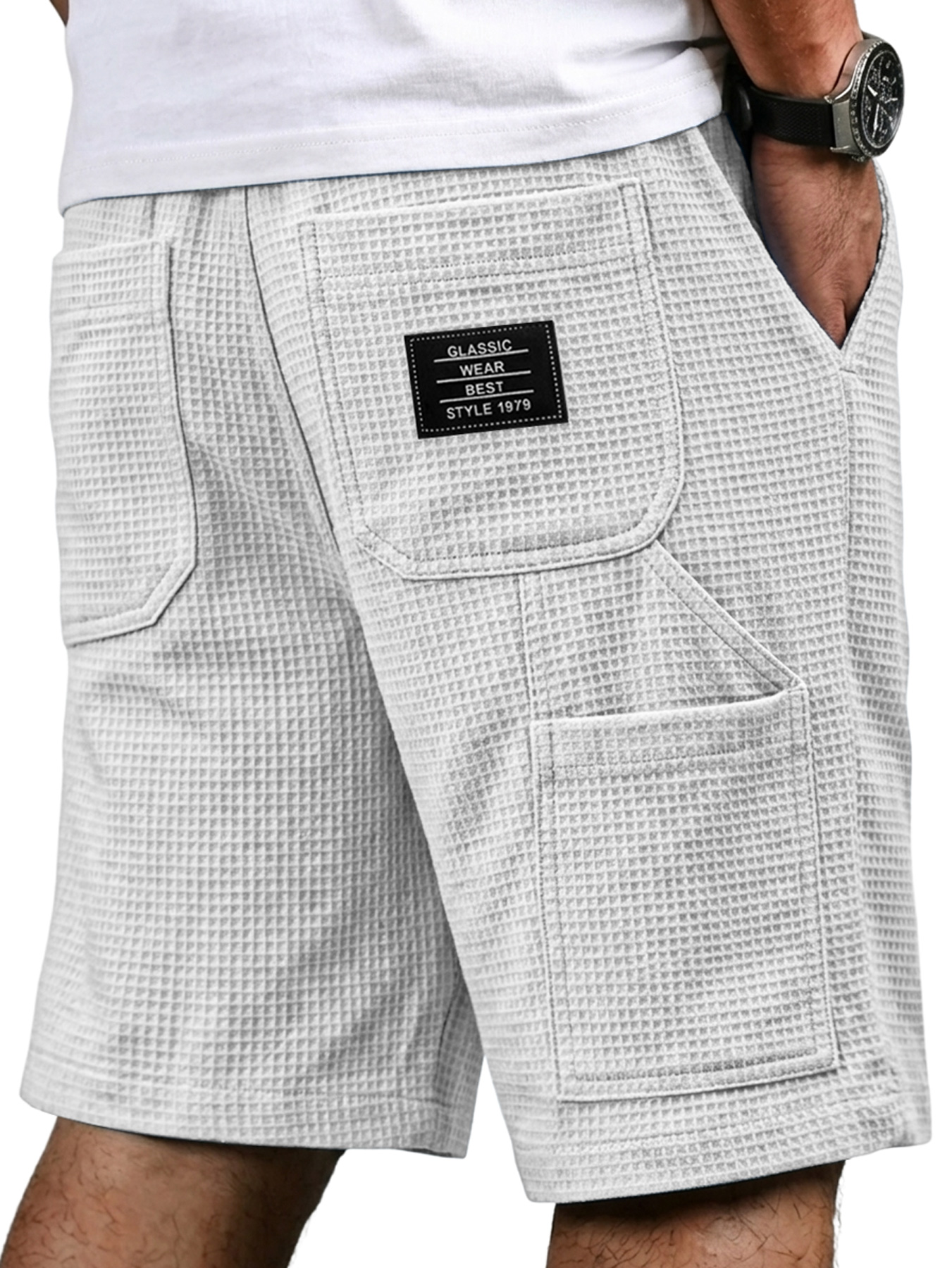 Men's Waffle-patterned Multi-pocket Embroidered Logo Casual Cargo Shorts